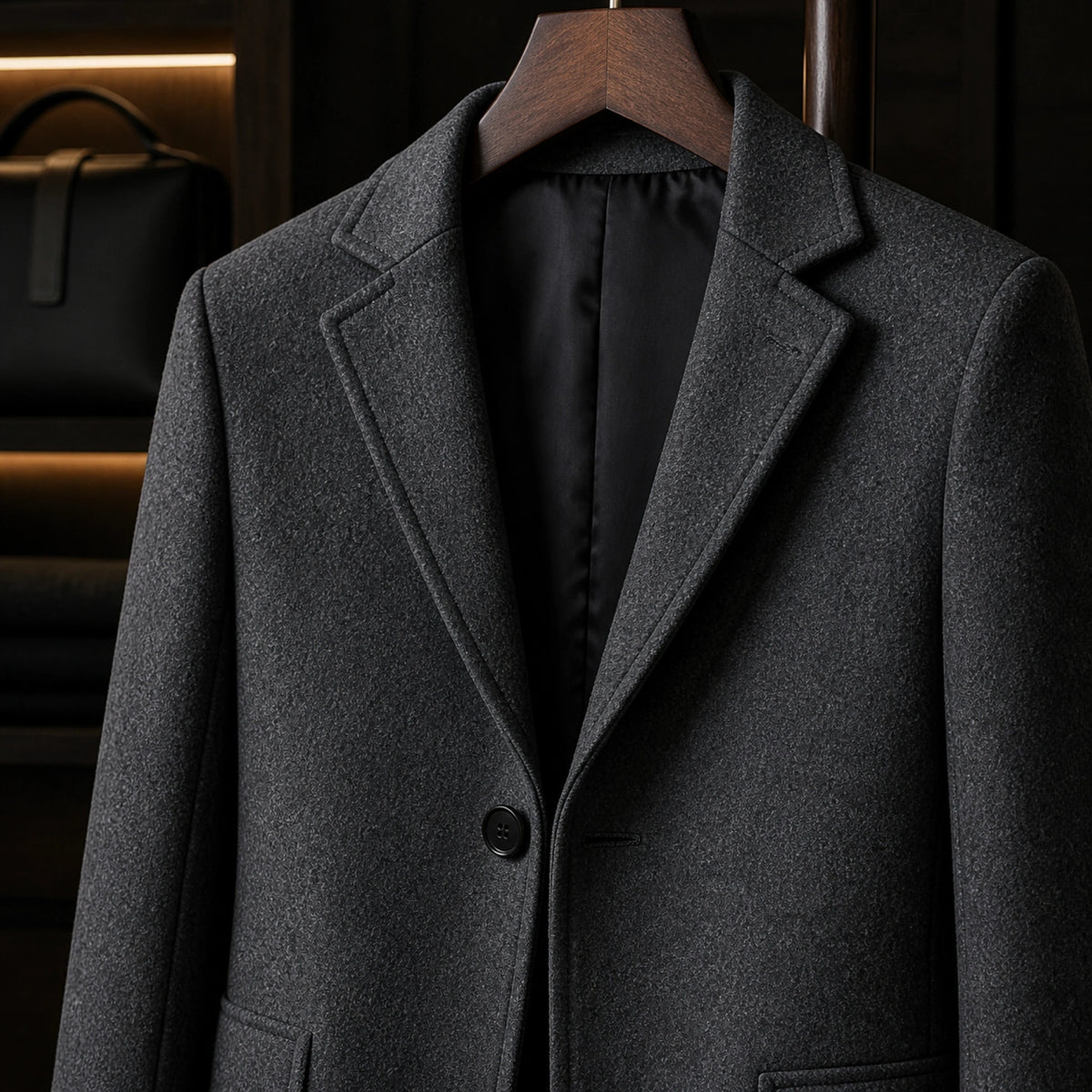 winter coat — Dark gray winter overcoat lapel texture lining button and welt pocket detail — view 11