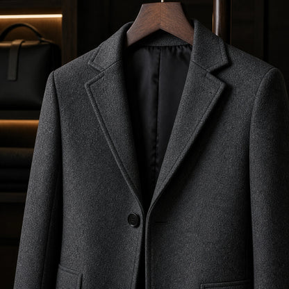 winter coat — Dark gray winter overcoat lapel texture lining button and welt pocket detail — view 11