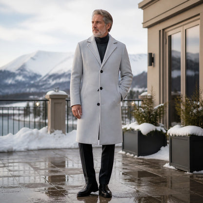 winter coat — Light gray three button long winter overcoat complete front view — view 2