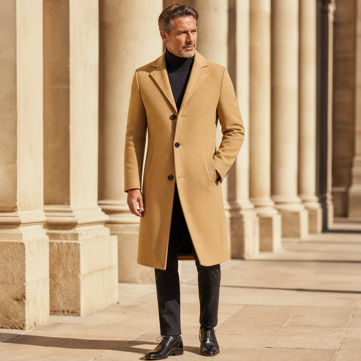 winter coat — Camel three button long winter overcoat complete front view — view 4