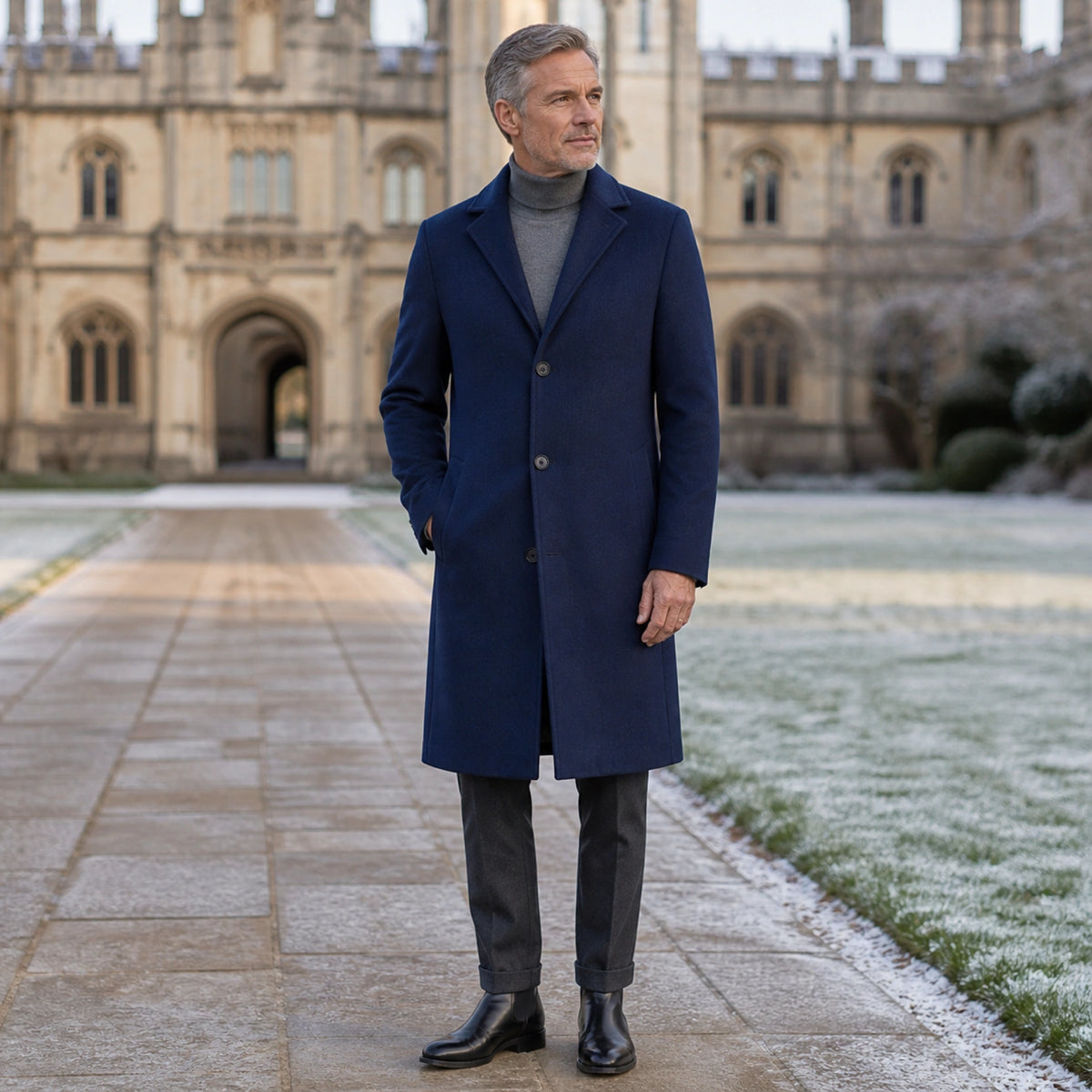 winter coat — Navy blue three button long winter overcoat complete front view — view 5