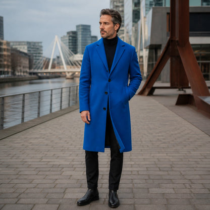 winter coat — Royal blue three button long winter overcoat complete front view — view 6