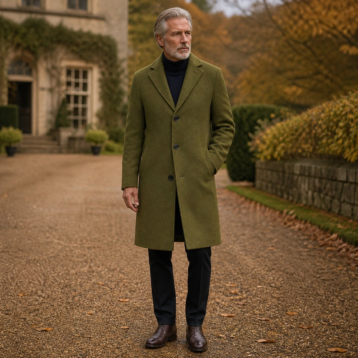winter coat — Olive green three button long winter overcoat complete front view — view 7