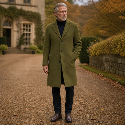 winter coat — Olive green three button long winter overcoat complete front view — view 7