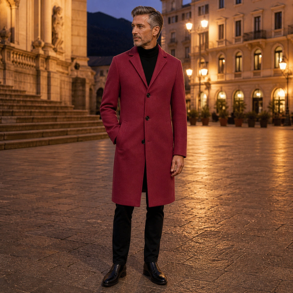 winter coat — Burgundy three button long winter overcoat complete front view — view 8