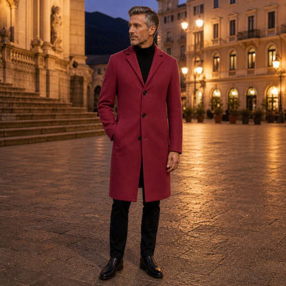 winter coat — Burgundy three button long winter overcoat complete front view — view 8