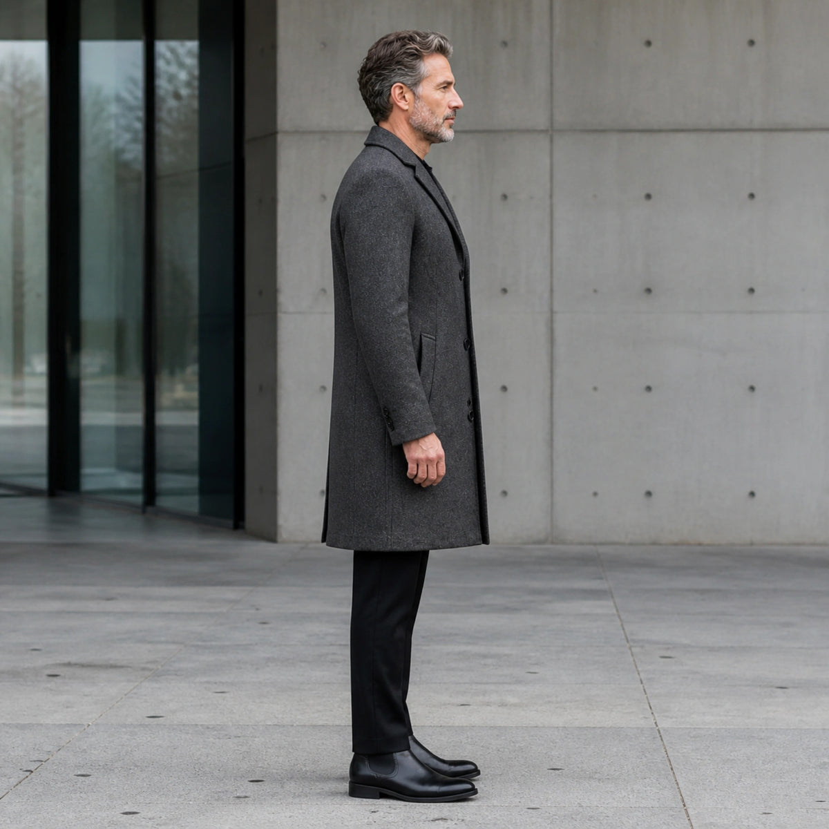 winter coat — Dark gray long winter overcoat true side view — view 9