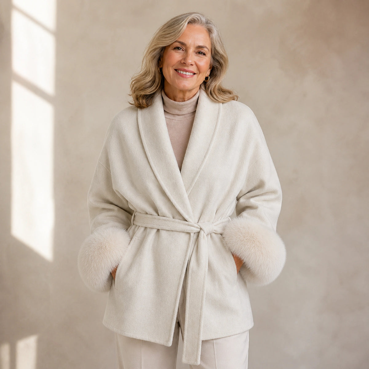 winter coat — Mature woman wearing ivory cream wool blend wrap coat with matching plush cuffs front view — view 2