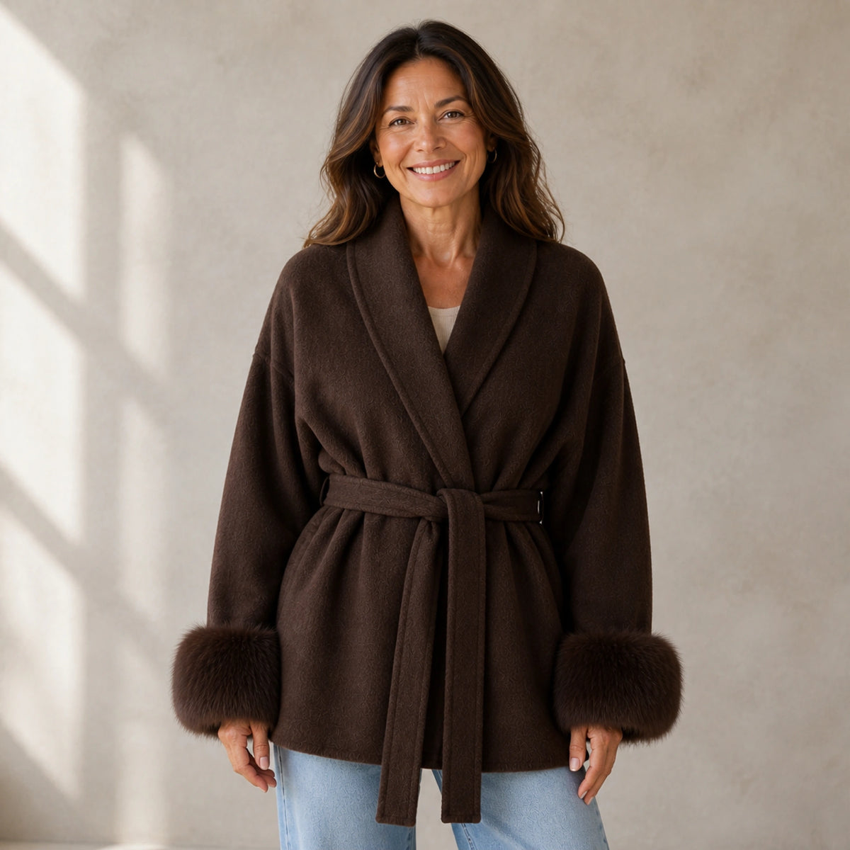 winter coat — Mature woman wearing chocolate brown wool blend wrap coat with matching plush cuffs front view — view 3