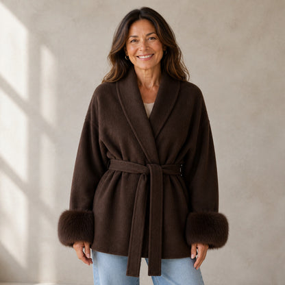 winter coat — Mature woman wearing chocolate brown wool blend wrap coat with matching plush cuffs front view — view 3