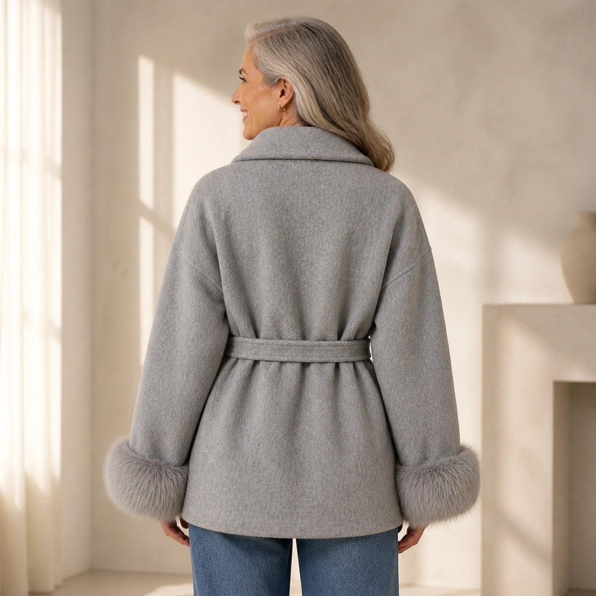 winter coat — Pearl gray wool blend wrap coat direct rear view — view 5
