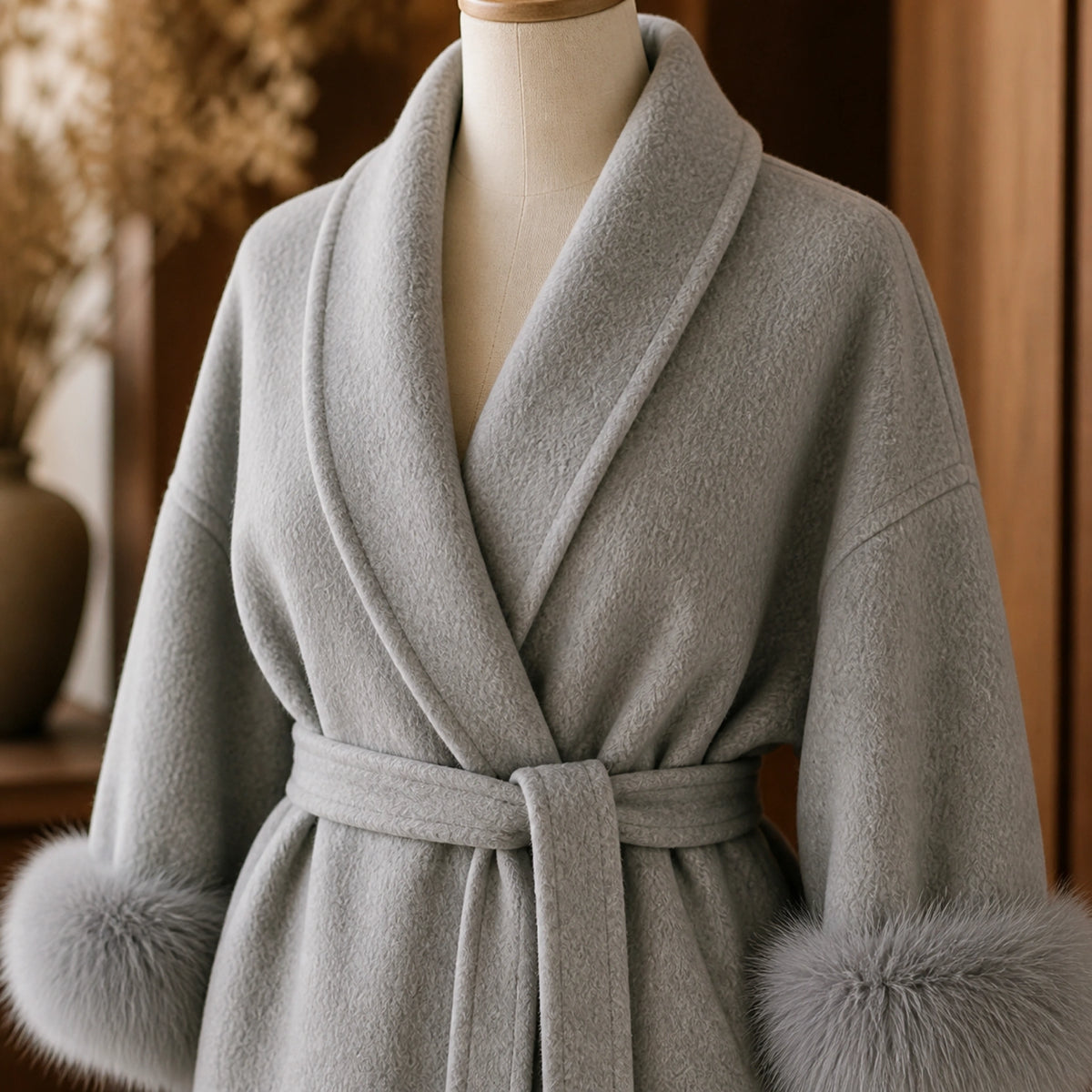 winter coat — Pearl gray wrap coat shawl collar brushed texture tie belt pocket and plush cuff detail — view 7