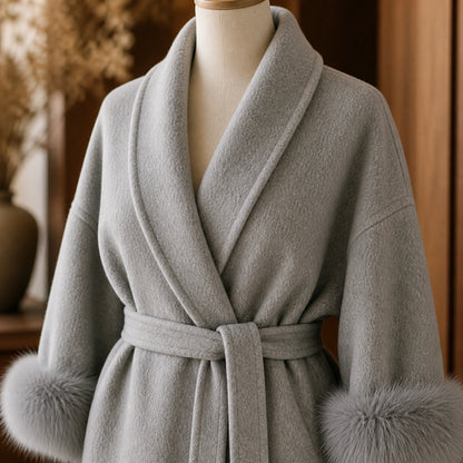 winter coat — Pearl gray wrap coat shawl collar brushed texture tie belt pocket and plush cuff detail — view 7