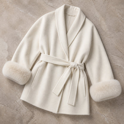 winter coat — Ivory cream wool blend wrap coat complete flat lay detail — view 8