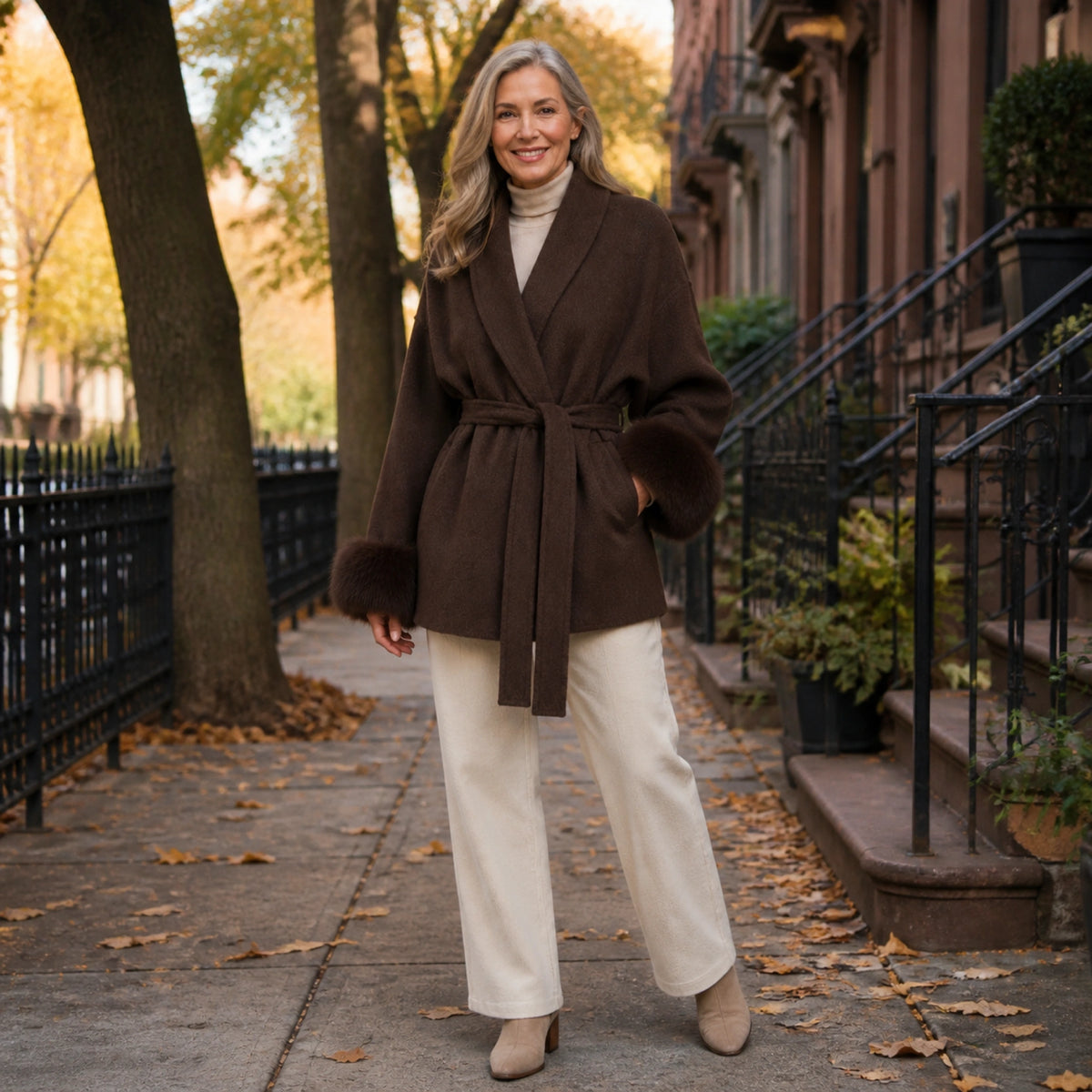 winter coat — Mature woman wearing chocolate brown plush cuff wrap coat on an autumn street — view 9