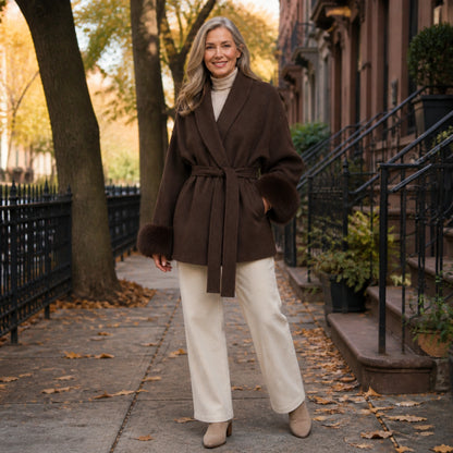 winter coat — Mature woman wearing chocolate brown plush cuff wrap coat on an autumn street — view 9