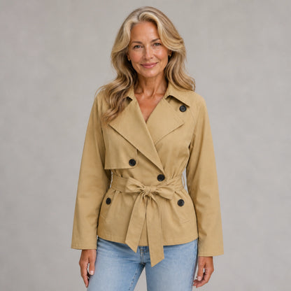 winter coat — Mature woman wearing camel beige cropped double breasted belted trench jacket front view — view 2