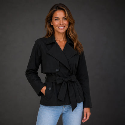 winter coat — Mature woman wearing black cropped double breasted belted trench jacket front view — view 3