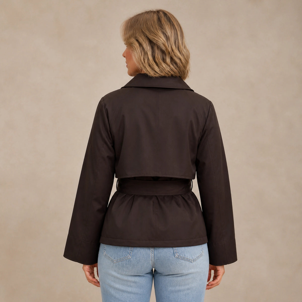 winter coat — Dark chocolate cropped trench jacket direct rear view — view 4