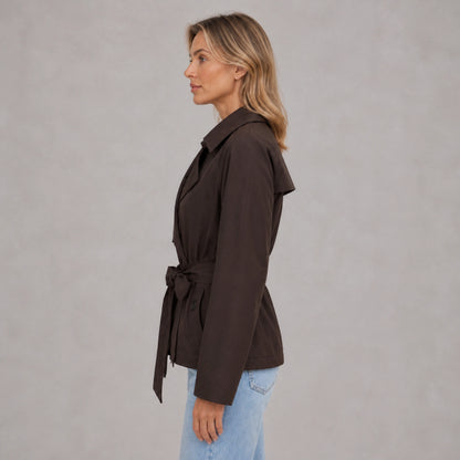 winter coat — Dark chocolate cropped trench jacket true side view — view 5