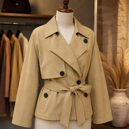 winter coat — Camel beige trench jacket lapel buttons storm flap pocket and belt detail — view 6
