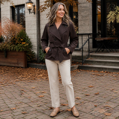 winter coat — Mature woman wearing dark chocolate cropped trench jacket on an autumn street — view 7