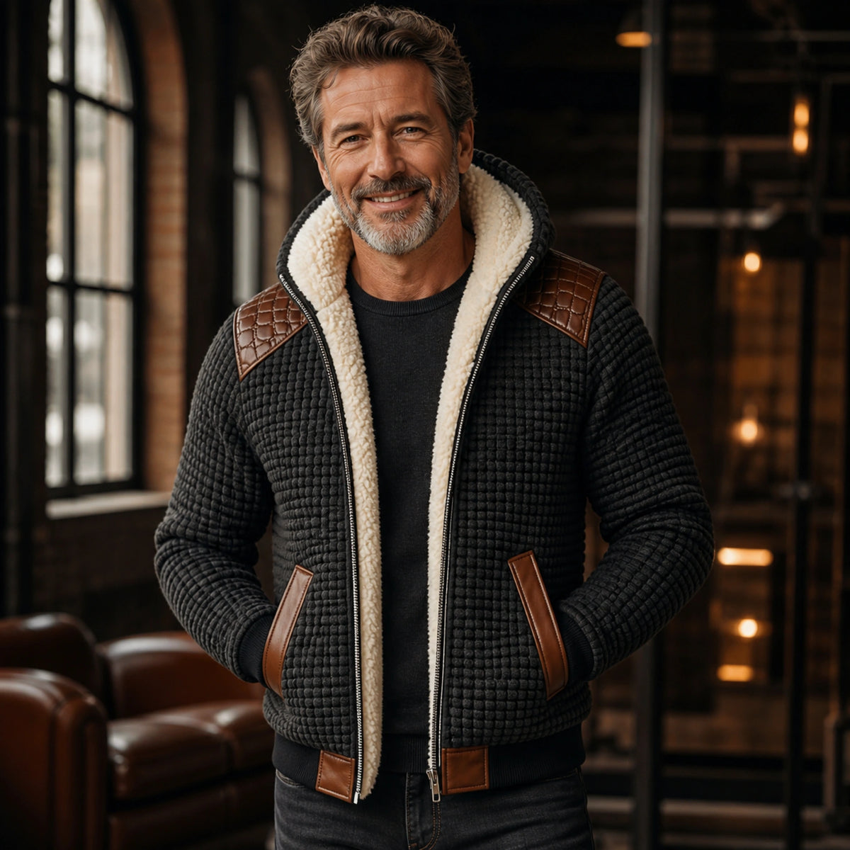 winter coat — Black textured sherpa lined winter jacket complete front view on a mature man