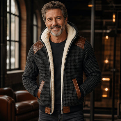 winter coat — Black textured sherpa lined winter jacket complete front view on a mature man