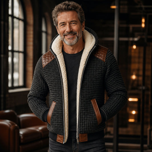 winter coat — Black textured sherpa lined winter jacket complete front view on a mature man