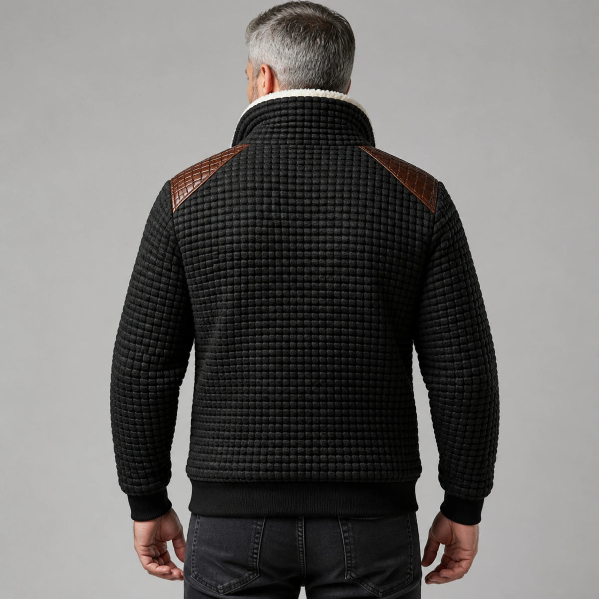 winter coat — Black textured sherpa lined winter jacket direct rear view — view 2