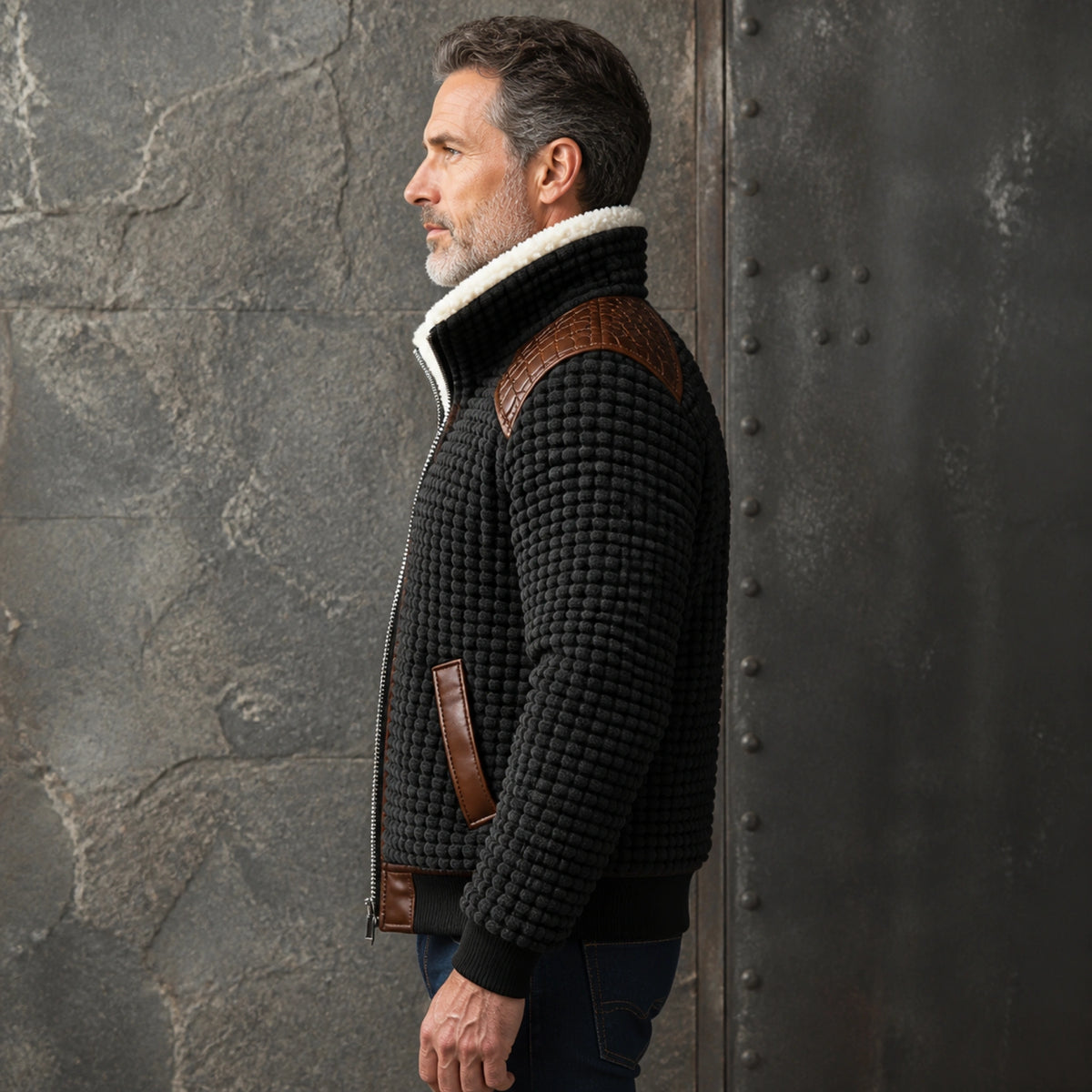 winter coat — Black textured sherpa lined winter jacket true side profile — view 3