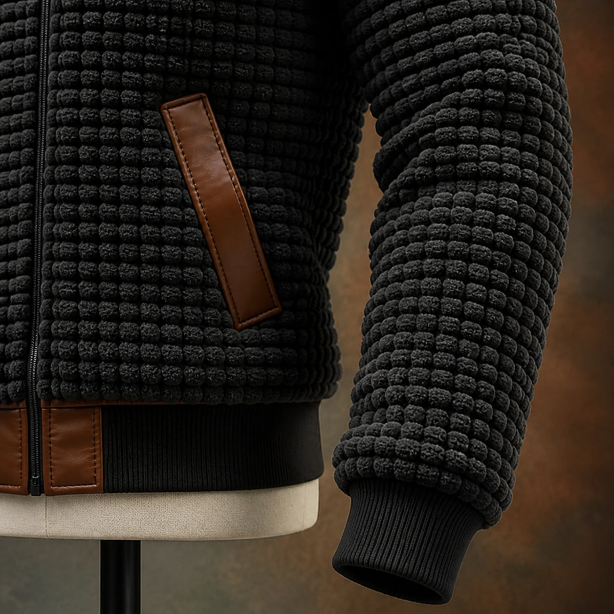 winter coat — Black winter jacket brown welt pocket trim and grid texture detail — view 5