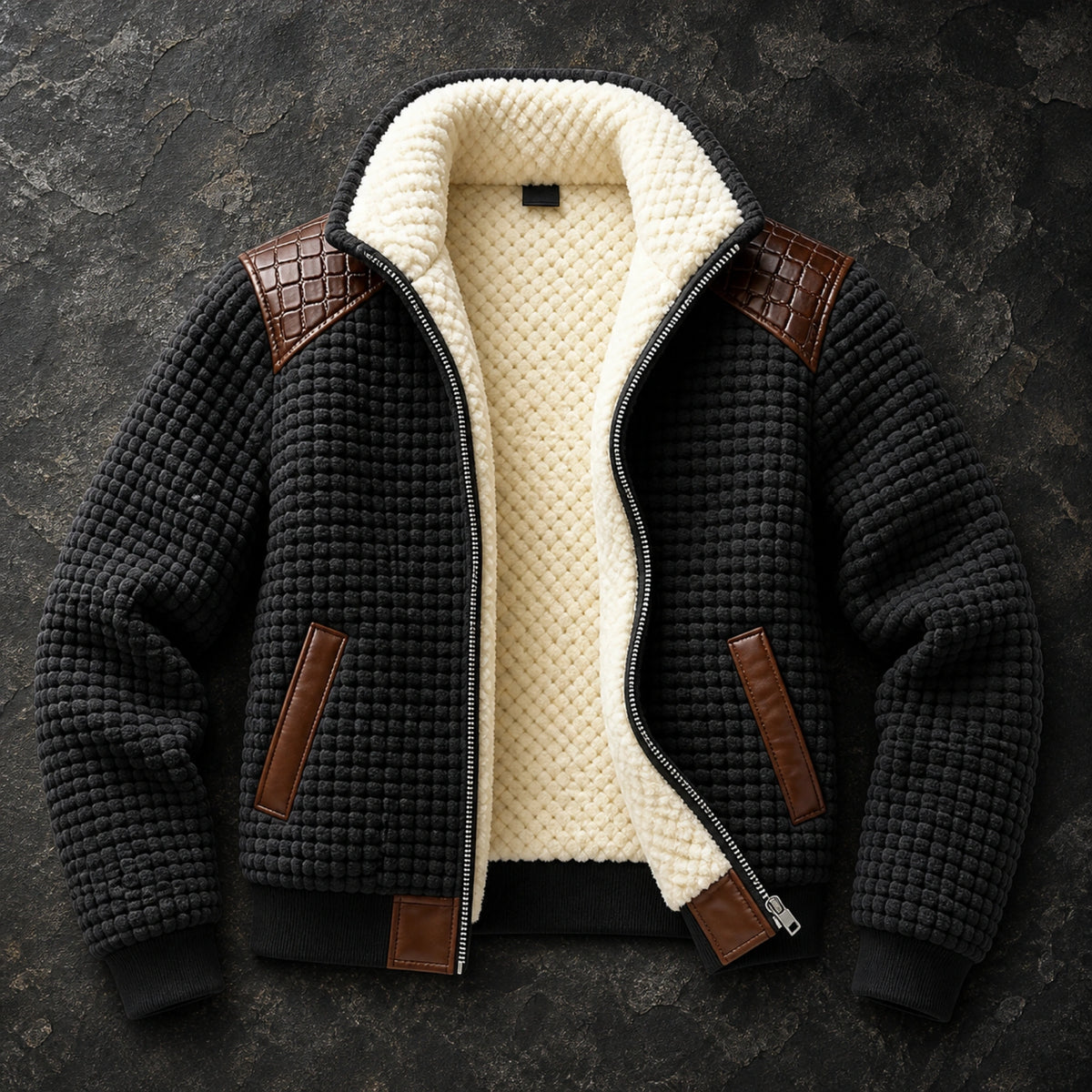 winter coat — Black textured sherpa lined winter jacket premium — view 6