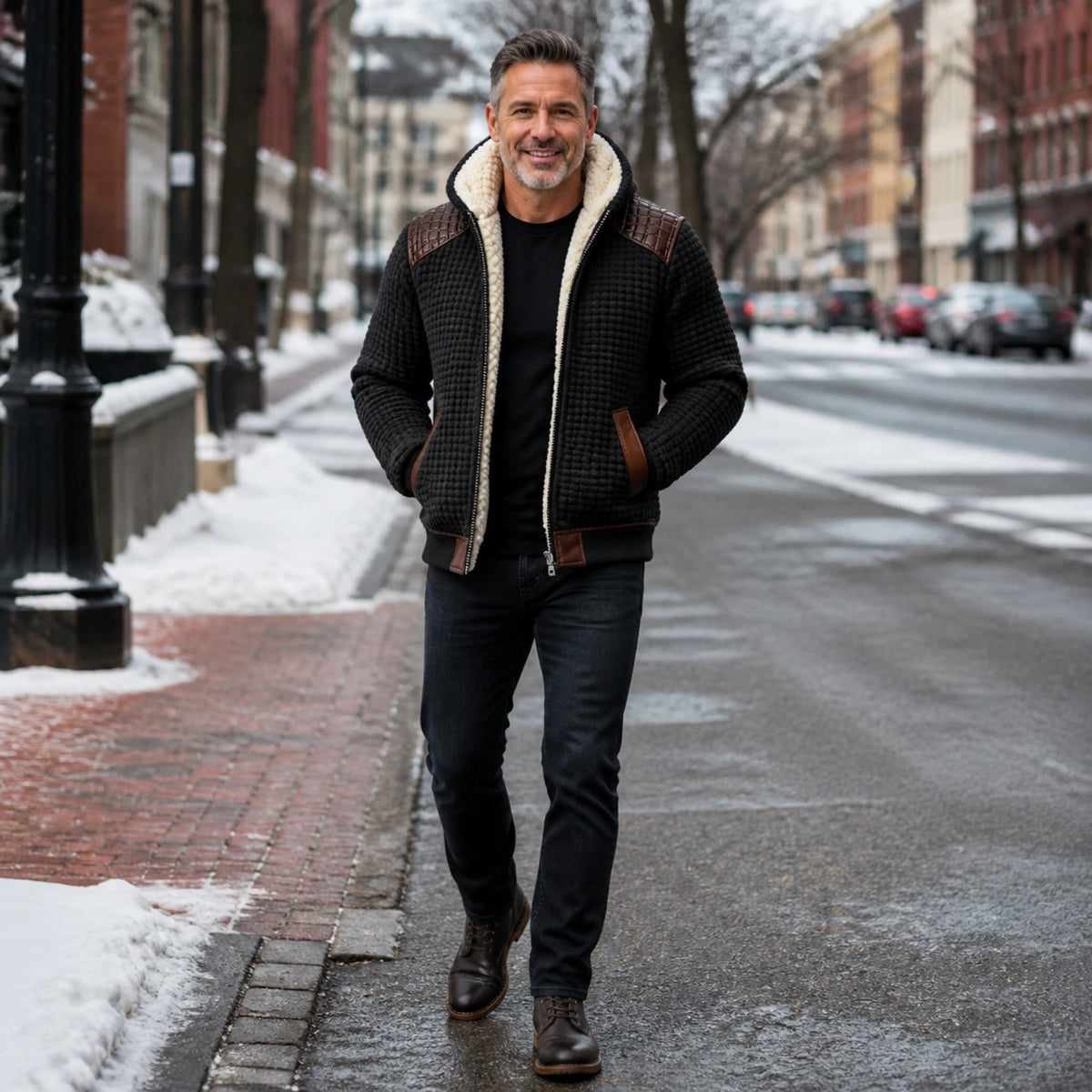winter coat — Mature man wearing a black sherpa lined winter jacket on city street — view 7