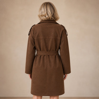 winter coat — Chocolate brown faux suede belted trench coat direct rear view — view 2