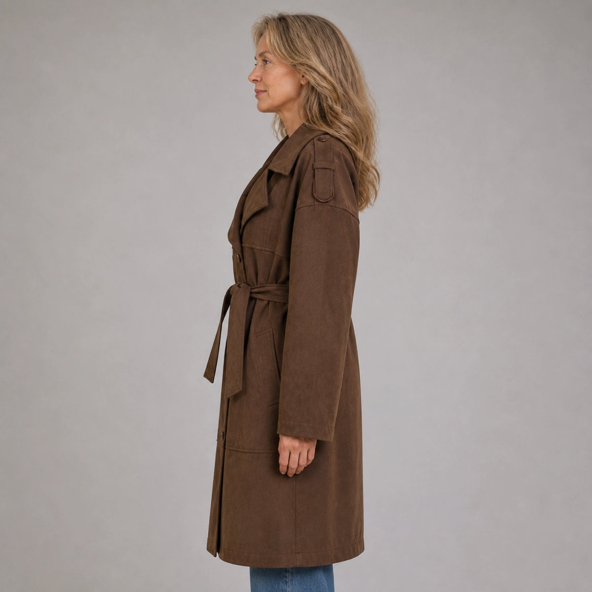 winter coat — Chocolate brown faux suede belted trench coat true side view — view 3