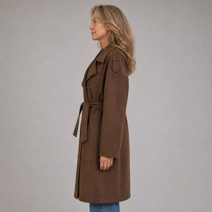 winter coat — Chocolate brown faux suede belted trench coat true side view — view 3