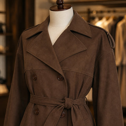 winter coat — Chocolate brown trench coat lapel buttons belt shoulder tab and pocket detail — view 4