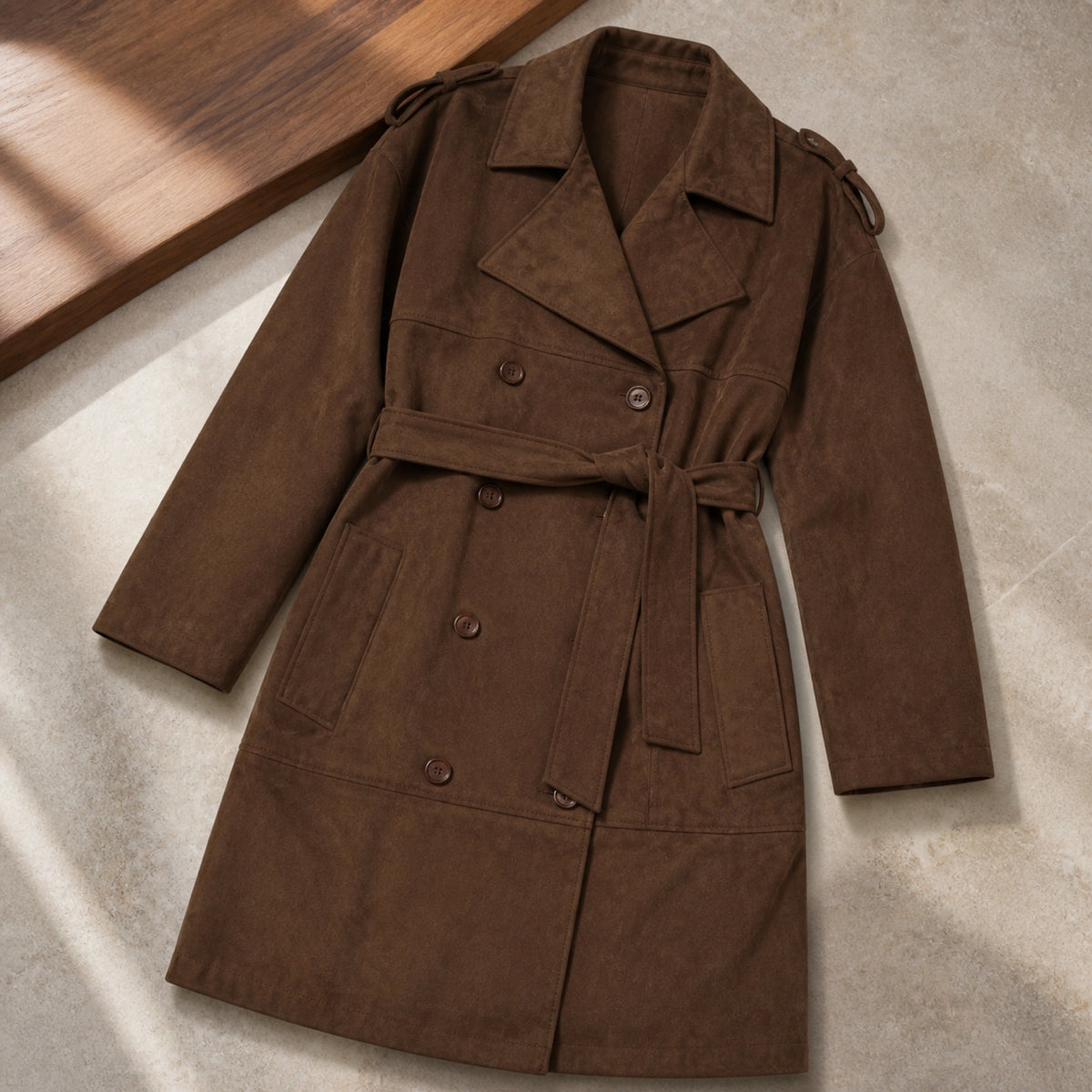 winter coat — Chocolate brown faux suede double breasted trench coat full flat lay view — view 5