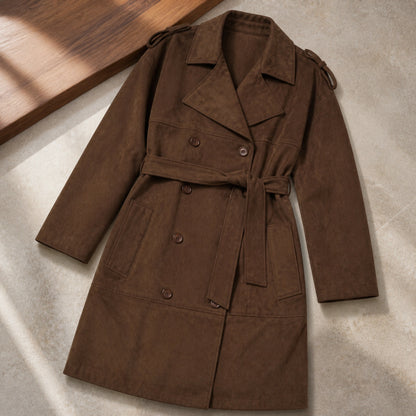 winter coat — Chocolate brown faux suede double breasted trench coat full flat lay view — view 5