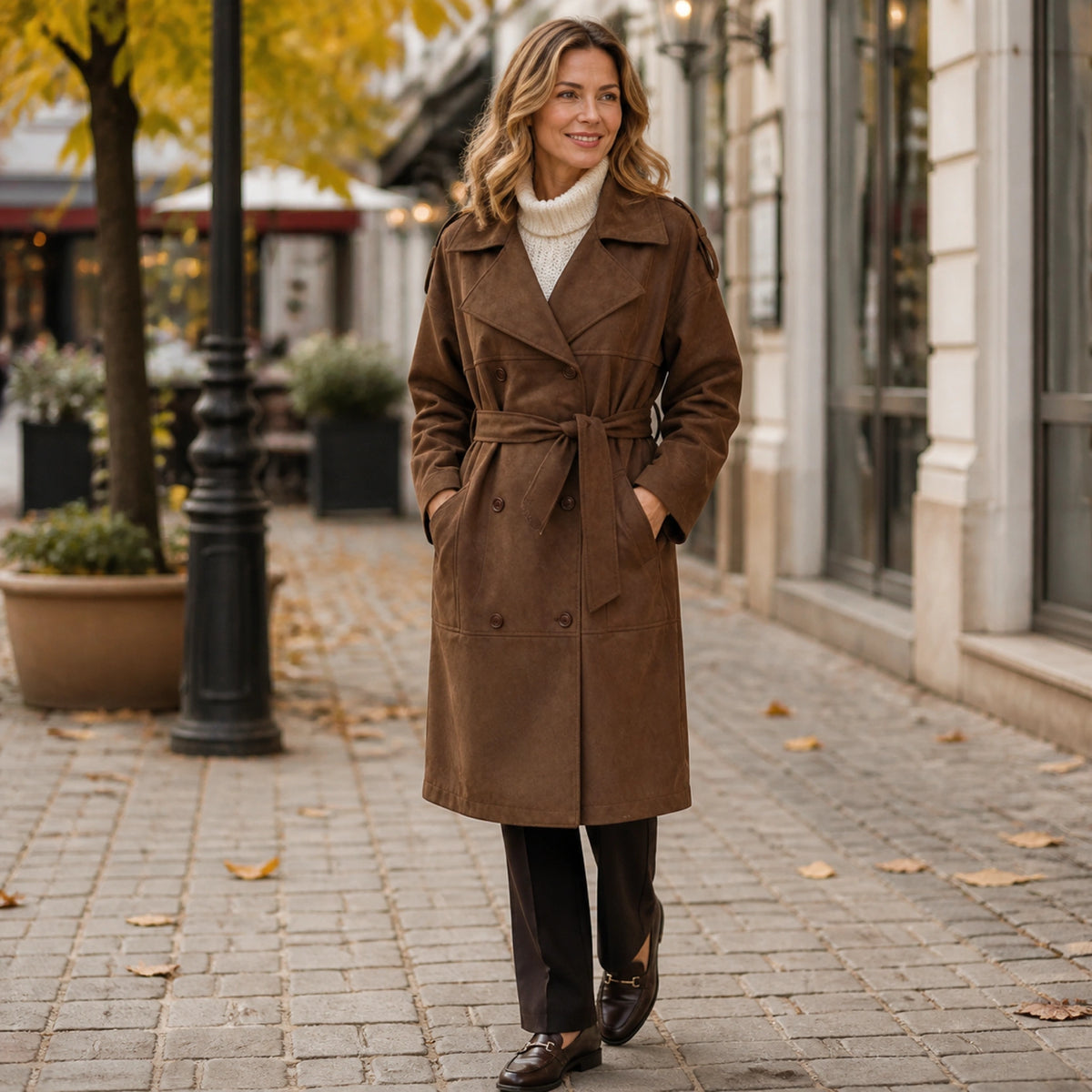 winter coat — Mature woman wearing chocolate brown faux suede trench coat on an autumn city street — view 6