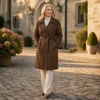 winter coat — Mature woman wearing chocolate brown faux suede trench coat in a country estate courtyard — view 7