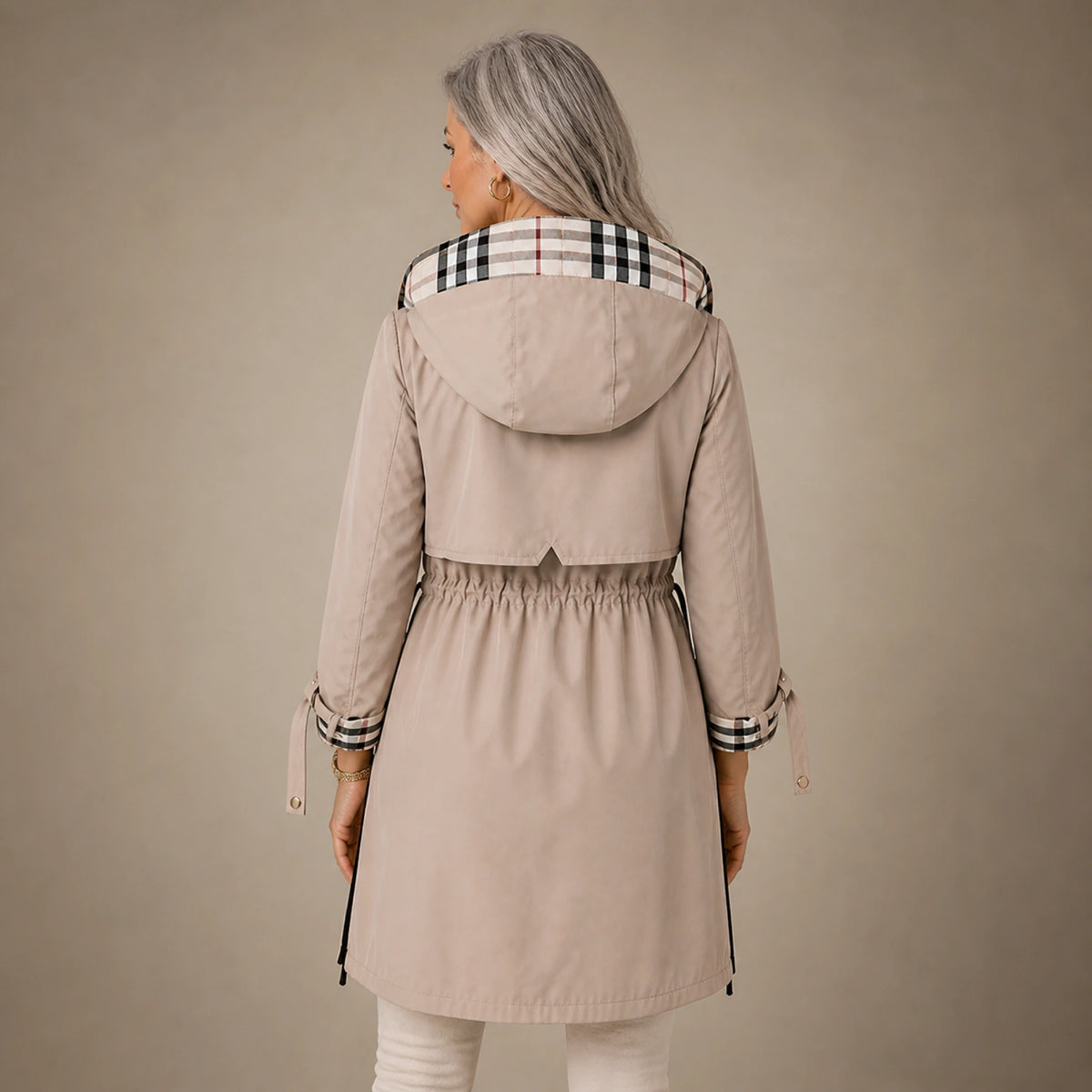 winter coat — Light beige plaid lined hooded long coat direct rear view — view 4