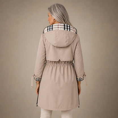 winter coat — Light beige plaid lined hooded long coat direct rear view — view 4
