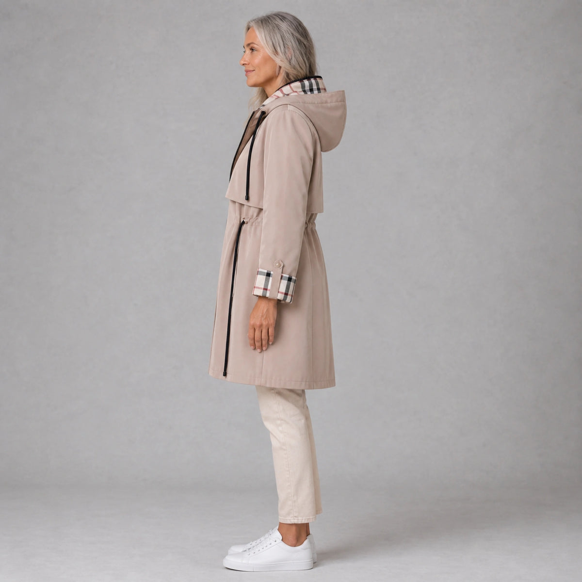 winter coat — Light beige adjustable hooded long coat true side view — view 5