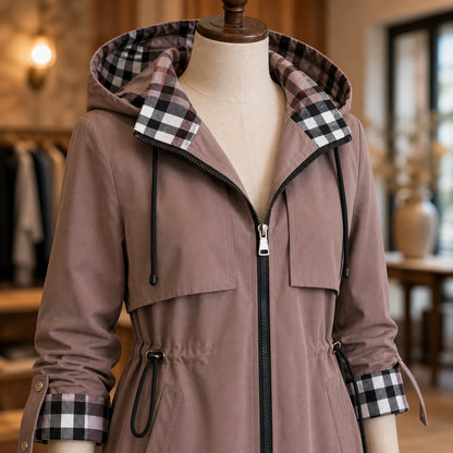 winter coat — Dusty taupe coat plaid hood cuff zipper waist and pocket construction detail — view 6