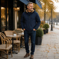 winter coat — Navy blue fleece lined hooded zip winter jacket complete front view