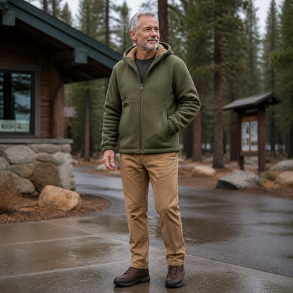 winter coat — Olive green fleece lined hooded zip winter jacket complete front view — view 3