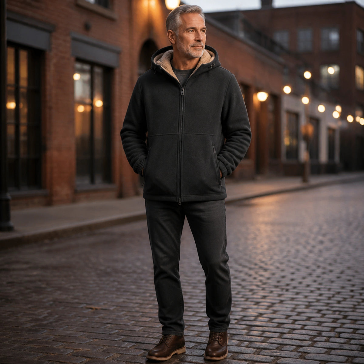 winter coat — Charcoal black fleece lined hooded zip winter jacket complete front view — view 4