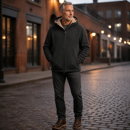 winter coat — Charcoal black fleece lined hooded zip winter jacket complete front view — view 4